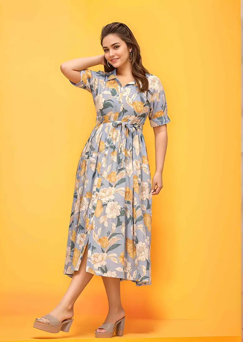 VK Women's Floral Printed Maxi Western Dress Midi Party Dress for Women